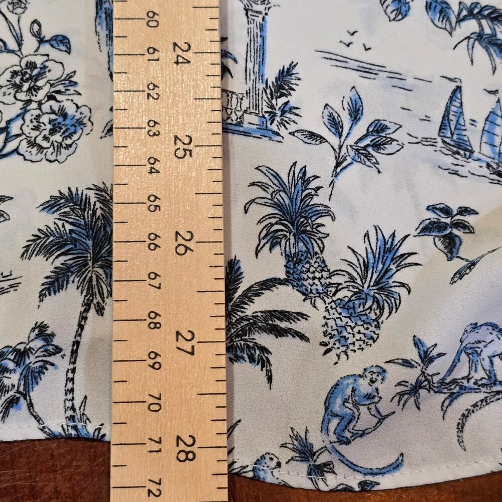 Rose + Olive Coastal Blue White Tropical Toile Flutter Sleeve Tassel Neck Blouse - Picture 9 of 11